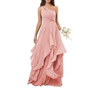 BRIGOW Una spalla chiffon damigella d'onore abito a più livelli Increspature Maxi A-line Impero Vita Flowy Formale Elegante Abito da Sera BY041, Rosa cipria, 50