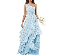 BRIGOW Una spalla chiffon damigella d'onore abito a più livelli Increspature Maxi A-line Impero Vita Flowy Formale Elegante Abito da Sera BY041, Z Floreale Azzurro F, 50