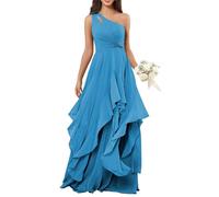 BRIGOW Una spalla chiffon damigella d'onore abito a più livelli Increspature Maxi A-line Impero Vita Flowy Formale Elegante Abito da Sera BY041, Blu, 60