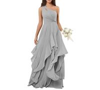 BRIGOW Una spalla chiffon damigella d'onore abito a più livelli Increspature Maxi A-line Impero Vita Flowy Formale Elegante Abito da Sera BY041, Argento, 50