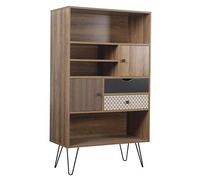 Brigros - Mobiletto libreria 2 Ante e 2 Cassetti con ripiani multiuso e piedini in acciaio, mobile di design stile vintage industriale per arredamento ufficio, cucina, soggiorno, scaffale moderno