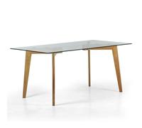 Brigros WeHome - Tavolo da sala con top in vetro e gambe in legno incrociate stabile ed elegante misure 160 x 90 x 74 cm tavolo da cucina tavolo da salotto tavolo in legno (Lake)