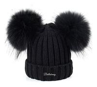 Brillabenny Cappello Berretto Donna Nero Modello Cuffia Vera Pelliccia PON PON Misto Lana Luxury Hat