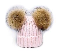 Brillabenny Cappello Cuffia Rosa Doppio PON PON in Pelliccia MURMASKY 1-3 Anni Bimba Cappellino Lana Hat Pink Fur Raccoon Baby Kids Double Pom Poms Luxury