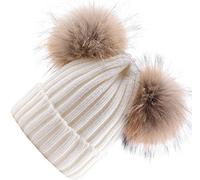 Brillabenny Cappello Misto Lana con Due PON PON in Vera Pelliccia Beige, Cuffia Berretto Donna Ragazza Luxury Hat Fur