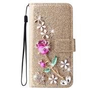 Brillare 3D Cover per Motorola MOTO G10/G30/G20 Scintillanti Cristallo Lucido Fiore Brillare 3D Stones Custodia Protettiva Custodia,Carta Fessura,Supporto Stand,Silicone TPU,Flip Protettiva Case,Gold