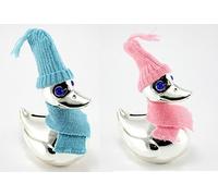Brillibrum Salvadanaio a forma di anatra con cappello e sciarpa in rosa e blu, placcato argento, resistente all'ossidazione, regalo per battesimo