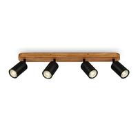 BRILONER - Lampada da soffitto retrò con legno, lampada da soffitto vintage a 4 luci, 4x attacco GU10, spot LED regolabile, spot da soffitto rustico, nero-legno, 550x60x85 mm
