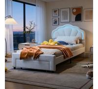 BRILVERDE Lettino imbottito per bambini, 90 x 200, con cassetti, bella testiera a forma di fiore, rete a doghe in legno massiccio, letto da principessa, in materiale velour, delicato sulla pelle