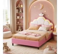 BRILVERDE Lettino imbottito per bambini, 90 x 200, testiera regolabile a forma di corona con LED, struttura del letto con rete a doghe, in velluto(rosa,90x200 cm)