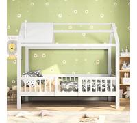 BRILVERDE Lettino per bambini 90 x 200 cm, letto a soppalco, per ragazze e ragazzi, in legno con lavagna e 2 cassetti, in legno massiccio con recinzione e rete a doghe (tipo D)