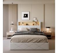 BRILVERDE Letto con vano portaoggetti e illuminazione a LED, letto con spazio di archiviazione, letto matrimoniale con testiera, letto idraulico con rete a doghe, PU (bianco + rovere chiaro, 140 x 200