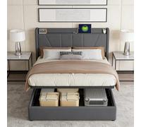 BRILVERDE Letto contenitore 160x200 con USB, Letto matrimoniale con testiera, struttura letto con rete a doghe, Lino (Grigio, 160 x 200 cm)