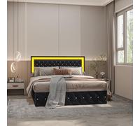 BRILVERDE Letto imbottito 140x200 cm con Contenitore idraulico, Letto matrimoniale a LED, Funzionale con testiera, Struttura letto con rete a doghe, Velluto (Nero, 140 x 200 cm)