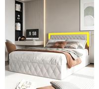 BRILVERDE Letto Imbottito 140x200 cm con Contenitore Idraulico, Letto Matrimoniale a LED, Funzionale con testiera, Struttura Letto con Rete a doghe, Velluto (Beige, 140 x 200 cm)