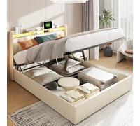 BRILVERDE Letto imbottito 160x200 cm con Contenitore idraulico, letto matrimoniale a LED con USB, Funzionale con testiera, Struttura letto con rete a doghe, Velluto (Beige, 160 x 200 cm)