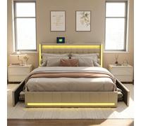 BRILVERDE Letto imbottito 180 x 200 cm, con vano portaoggetti, letto matrimoniale con USB e LED, letto per ragazzi con 4 cassetti, letto funzionale, struttura del letto con rete a doghe, linea (beige