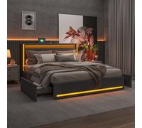 BRILVERDE Letto imbottito 180x200 con Contenitore, letto matrimoniale con USB e LED, con 4 cassetti, letto funzionale con testiera, struttura letto con rete a doghe, Lino (Grigio, 180 x 200 cm)