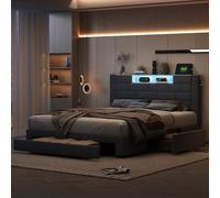 BRILVERDE Letto matrimoniale 160 x 200 con LED e porta USB, letto con rete a doghe e 3 cassetti, portaoggetti nella testiera per adulti e adolescenti, grigio