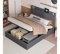 BRILVERDE - Letto matrimoniale imbottito con spazio di archiviazione, letto idraulico con spazio di archiviazione, letto a due piazze con USB e testiera, struttura del letto con rete a doghe, telaio