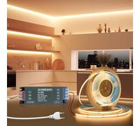 BRIMETI Striscia LED 5M COB 12V Autoadesivo Tubo Bianco Caldo 3000K 320LEDS/M Nastri Luce Flessibile Larghezza 8mm Con Trasformatore LED 12V 100W e Cavo di Alimentazione, per Cucina Soggiorno
