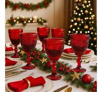 Brinella Set 6 Calici Vetro Rosso 300 ml | Bicchieri Eleganti Motivo Floreale per Acqua Vino Prosecco Cocktail | Vetro Resistente Stile Moderno | Ideali Casa Ristorante Natale Cerimonie e Feste