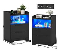 Brinlawb Set di 2 Comodino Camera da Letto con luce LED e Stazione di Ricarica (2 Prese CA, 2 Porte USB) Comodini Camera da Letto con 1 vano aperto e 2 cassetti per Soggiorno, Camera da Letto, Nero