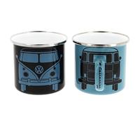 Brisa VW Collection - Volkswagen Set di 2 tazze in metallo smaltato da tè, caffè, latte, cappuccino, Campervan Bus T1 design 350 ml x2 (Nero & Azzurro Scuro)