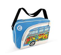 BRISA VW Collection - Volkswagen elegante borsa a tracolla regolabile, unisex, retrò/vintage, Camper T1 Bus design (Love Bus/Azzurro/similpelle)