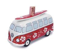 BRISA VW Collection - Volkswagen Salvadanaio in ceramica con tavola da surf, per risparmiare monete e banconote, VW Bus T1 design (Flower Power/Rosso)