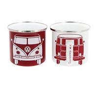 Brisa VW Collection - Volkswagen Set di 2 tazze in metallo smaltato da tè, caffè, latte, cappuccino, Campervan Bus T1 design 350 ml x2 (Bianco & Rosso)