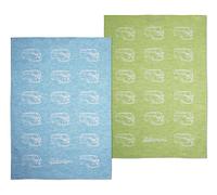 BRISA VW Collection - Volkswagen set di due strofinacci da cucina, senza pelucchi, 60% lino e 40% cotone, Camper T1 Bus design (Verde & Azzurro/70 x 50cm)