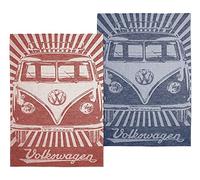 BRISA VW Collection - Volkswagen set di due strofinacci da cucina, senza pelucchi, 60% lino e 40% cotone, Camper T1 Bus design (Rosso & Blu/70 x 50cm)