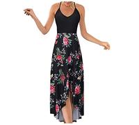 Briskorry Abito da spiaggia da donna, estivo, vintage, elegante, boho, lungo, sexy, con scollo a V, senza maniche, floreale, taglie grandi, per il tempo libero, per feste