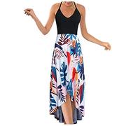 Briskorry Abito da spiaggia da donna, estivo, vintage, elegante, boho, lungo, sexy, con scollo a V, senza maniche, floreale, taglie grandi, per il tempo libero, per feste