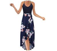 Briskorry Abito da spiaggia da donna, estivo, vintage, elegante, boho, lungo, sexy, con scollo a V, senza maniche, floreale, taglie grandi, per il tempo libero, per feste