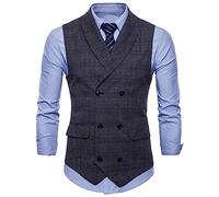 Briskorry Gilet da uomo con risvolto in lana tweed formale, vestibilità regolare, stile retrò, a doppio petto, da uomo, business, feste, matrimoni, grigio scuro, L