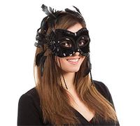 Bristol Novelty Em196 Maschera in Velluto e Piume, Su Supporto con Fascia, Confezione da 1, da Donna, Taglia Unica, Colore Nero Halloween