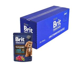 Brit Premium Cibo Umido per Cani, Filetti di Agnello e Piselli, 24 x 85 g | Filetti di agnello in una salsa saporita: favoriscono la digestione e il benessere e promuovono l'assunzione di liquidi.