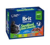 Brit Premium - Multipack per gatti sterilizzati, 4 sapori, carne e pesce in salsa, 12 x 100 g