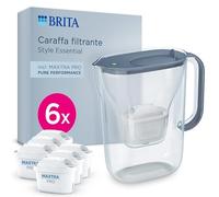 BRITA Caraffa filtrante Style Essential Stone Blue (2,4L) incl. 6x MAXTRA PRO PURE PERFORMANCE che riduce cloro, calcare, PFAS e metalli - Adatta alla porta del frigorifero, con indicatore LED