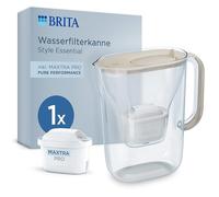 BRITA Filtro dell'acqua Style Essential Sand (2,4 l) con 1 X MAXTRA PRO Pure Performance - Caraffa filtrante adatta al frigorifero con LED Smart Light e coperchio pieghevole, filtra le impurità e
