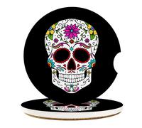 Britimes Absorbent Car Coasters 2 Pack for Cup Holders 2.56"""" Ceramic Stone & Non-Scratch Cork Base Drink Coasters Sugar Skull