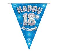 British Ballet Festone per 18° compleanno • blu olografico • 3,9 m con 11 bandiere • Festone per 18° compleanno • Decorazione lucida per feste per interni ed esterni