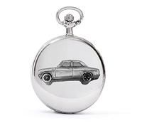 British Classic Car Escort Mk1 2 porte Saloon ref78 effetto peltro su una cassa d'argento lucido regalo uomo orologio da tasca fob
