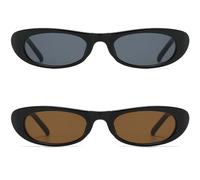 BRMHDY Occhiali da sole stretti occhi di gatto da donna anni '90, stile retrò, ovali, alla moda, piccoli, colore: nero, Confezione da 2 (nero/grigio + nero/marrone), M