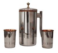 Brocca in acciaio inox e rame puro con 2 bicchieri abbinati per benefici per la salute dell'Ayurveda (rivestimento inferiore con pomello in ottone)