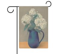 Brocca in ceramica vintage con fiori bianchi bandiera da giardino stagionale vacanza juta doppia faccia bandiere esterne 30,5 x 45,7 cm