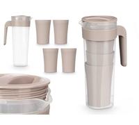 Brocca in plastica con 4 bicchieri, set per bevande, picnic, acqua, succo (beige, 1,4 l - 10 x 14,5 x 25 cm)