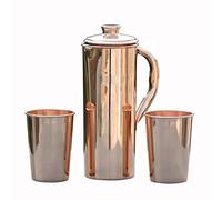 Brocca in rame con 2 bicchieri lucidi da 1 litro, non foderata, non rivestita e non laccata, per benefici per la salute dell'Ayurveda in puro rame